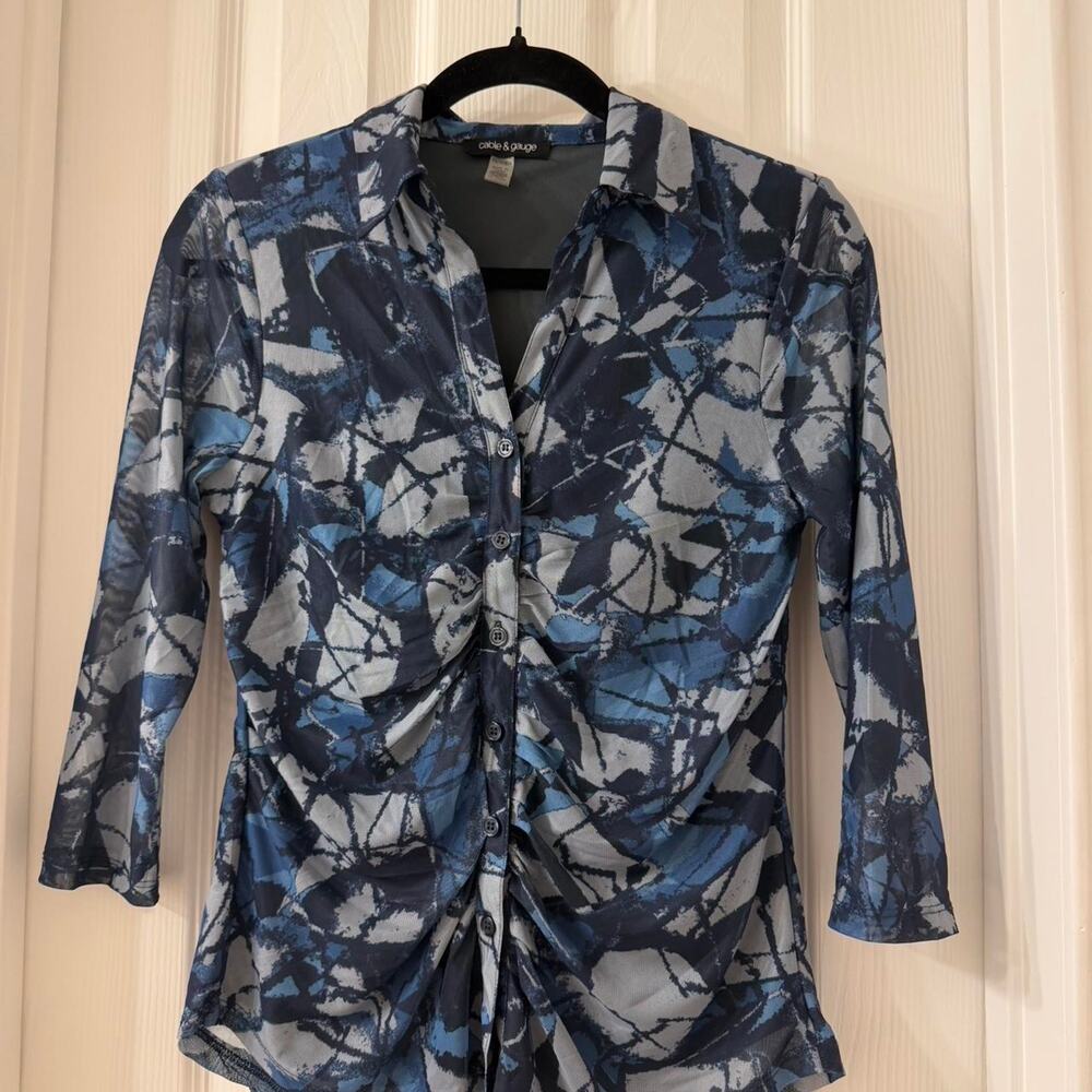 Y2K Blue and White Abstract Micro-mesh Top Size XS